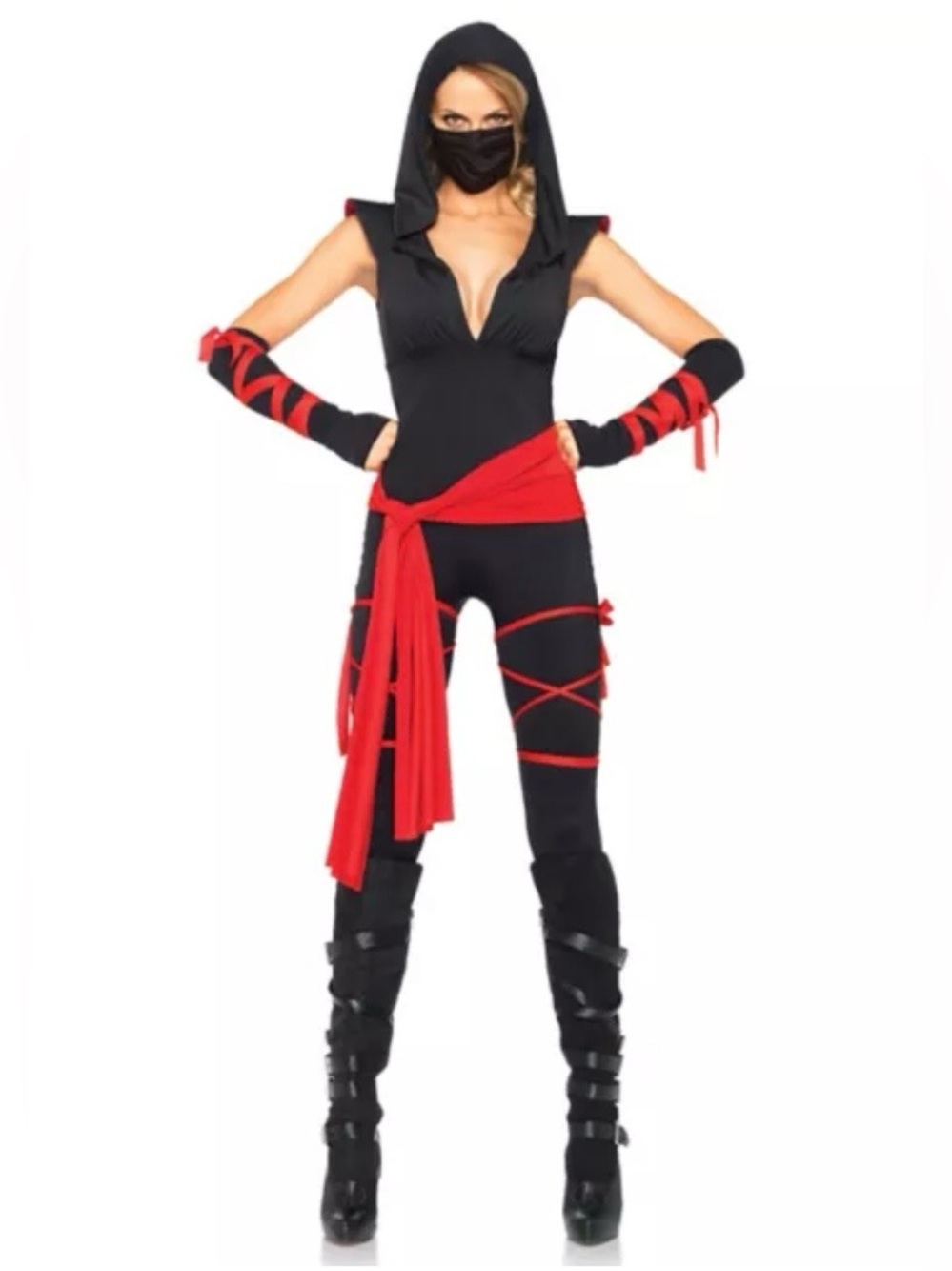 Women’s Black and Red Ninja Costume - Hooded Jumpsuit with Mask. Size Large